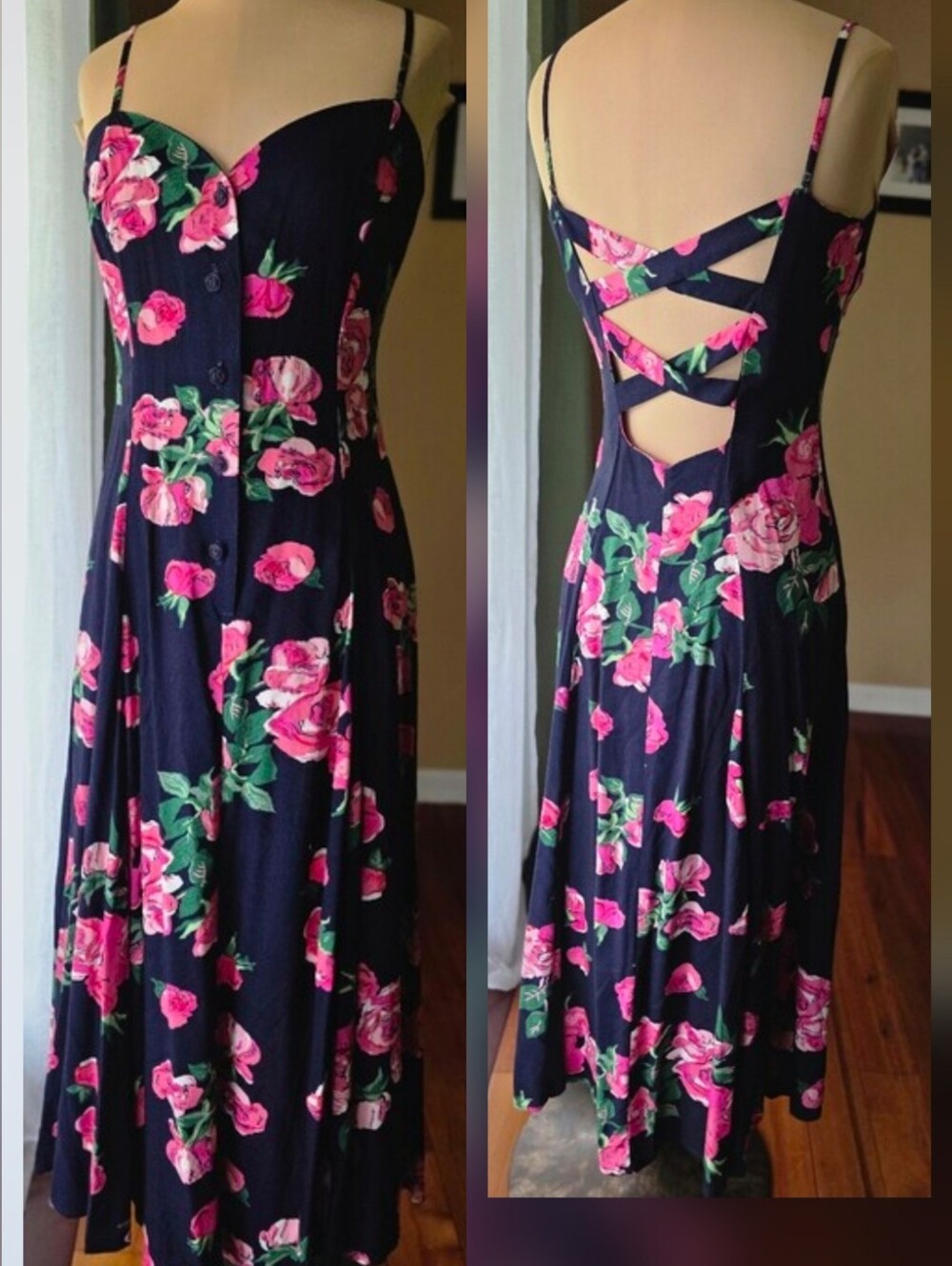 Vintage‎ Frederick's Hollywood Rose Corset Open Back Maxi Dress Vampy Romantic S